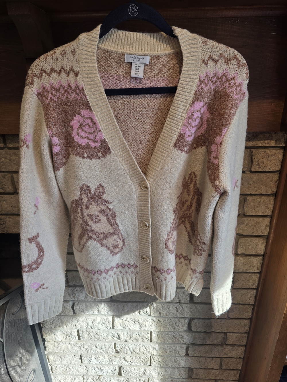Haute Hippie Cream Cardigan with Pink & Brown Horse Intarsia - Picture 2 of 6
